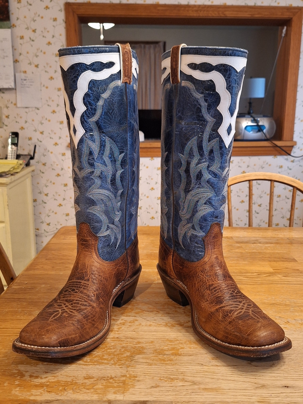 Men's BOULET Blue and Brown Western Cowboy Boots - Leather Pull-On - Picture 4 of 14